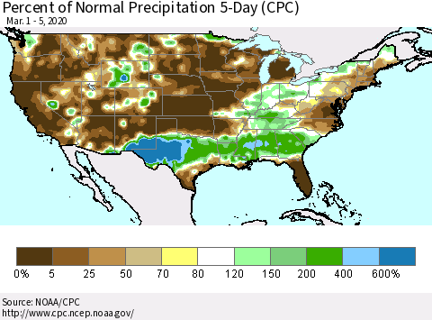 United States Percent of Normal Precipitation 5-Day (CPC) Thematic Map For 3/1/2020 - 3/5/2020