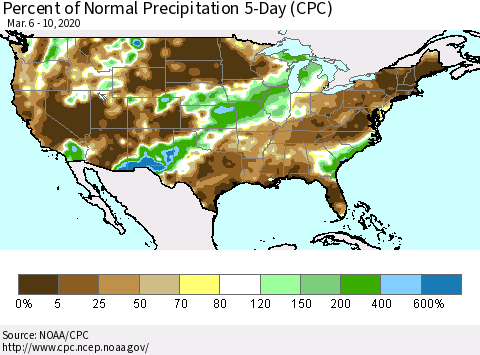 United States Percent of Normal Precipitation 5-Day (CPC) Thematic Map For 3/6/2020 - 3/10/2020