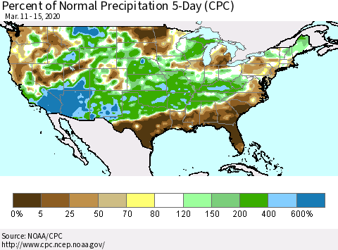 United States Percent of Normal Precipitation 5-Day (CPC) Thematic Map For 3/11/2020 - 3/15/2020