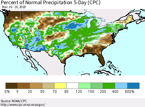 United States Percent of Normal Precipitation 5-Day (CPC) Thematic Map For 3/16/2020 - 3/20/2020