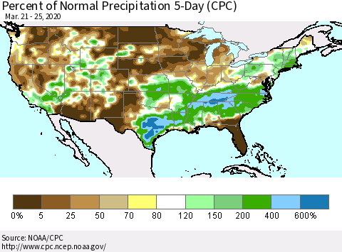United States Percent of Normal Precipitation 5-Day (CPC) Thematic Map For 3/21/2020 - 3/25/2020