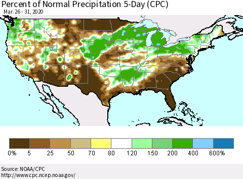 United States Percent of Normal Precipitation 5-Day (CPC) Thematic Map For 3/26/2020 - 3/31/2020