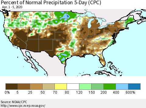 United States Percent of Normal Precipitation 5-Day (CPC) Thematic Map For 4/1/2020 - 4/5/2020