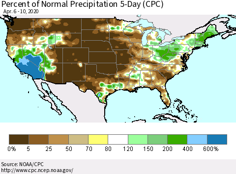 United States Percent of Normal Precipitation 5-Day (CPC) Thematic Map For 4/6/2020 - 4/10/2020