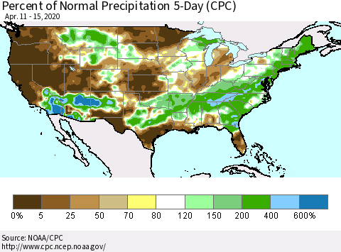United States Percent of Normal Precipitation 5-Day (CPC) Thematic Map For 4/11/2020 - 4/15/2020
