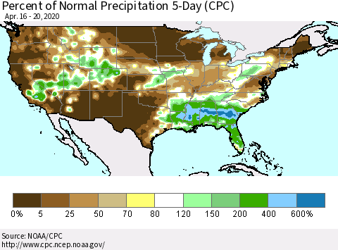 United States Percent of Normal Precipitation 5-Day (CPC) Thematic Map For 4/16/2020 - 4/20/2020