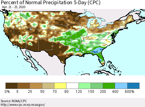 United States Percent of Normal Precipitation 5-Day (CPC) Thematic Map For 4/21/2020 - 4/25/2020