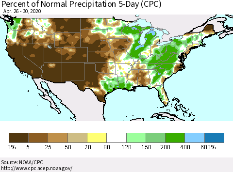 United States Percent of Normal Precipitation 5-Day (CPC) Thematic Map For 4/26/2020 - 4/30/2020