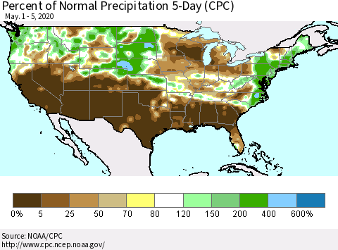 United States Percent of Normal Precipitation 5-Day (CPC) Thematic Map For 5/1/2020 - 5/5/2020