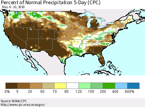 United States Percent of Normal Precipitation 5-Day (CPC) Thematic Map For 5/6/2020 - 5/10/2020