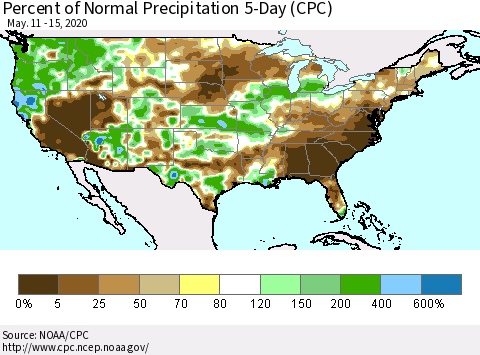 United States Percent of Normal Precipitation 5-Day (CPC) Thematic Map For 5/11/2020 - 5/15/2020