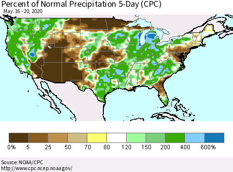 United States Percent of Normal Precipitation 5-Day (CPC) Thematic Map For 5/16/2020 - 5/20/2020