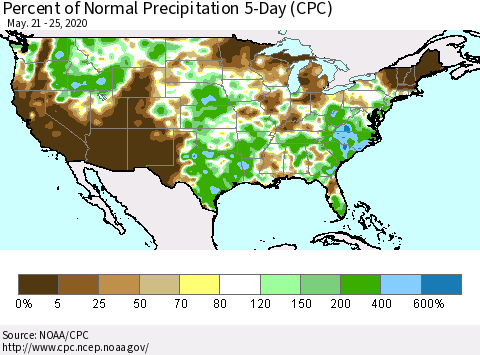 United States Percent of Normal Precipitation 5-Day (CPC) Thematic Map For 5/21/2020 - 5/25/2020