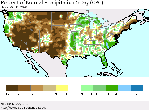 United States Percent of Normal Precipitation 5-Day (CPC) Thematic Map For 5/26/2020 - 5/31/2020