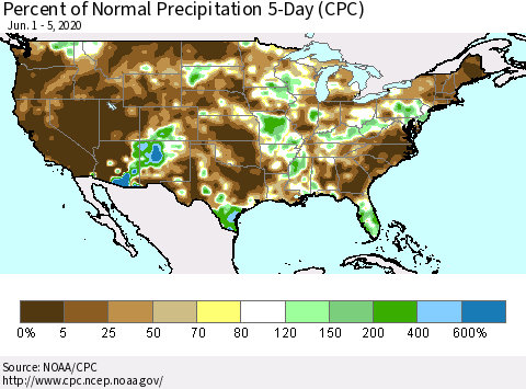United States Percent of Normal Precipitation 5-Day (CPC) Thematic Map For 6/1/2020 - 6/5/2020