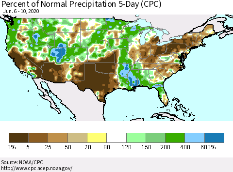 United States Percent of Normal Precipitation 5-Day (CPC) Thematic Map For 6/6/2020 - 6/10/2020
