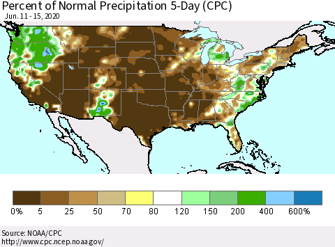 United States Percent of Normal Precipitation 5-Day (CPC) Thematic Map For 6/11/2020 - 6/15/2020