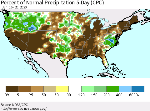 United States Percent of Normal Precipitation 5-Day (CPC) Thematic Map For 6/16/2020 - 6/20/2020