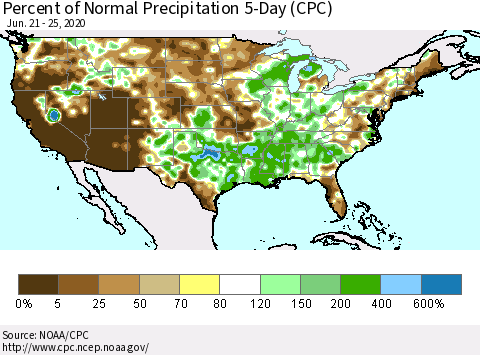 United States Percent of Normal Precipitation 5-Day (CPC) Thematic Map For 6/21/2020 - 6/25/2020