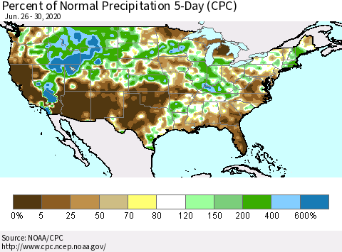 United States Percent of Normal Precipitation 5-Day (CPC) Thematic Map For 6/26/2020 - 6/30/2020