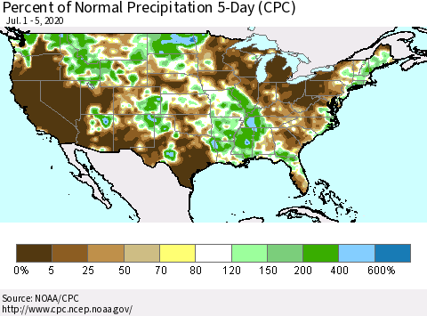 United States Percent of Normal Precipitation 5-Day (CPC) Thematic Map For 7/1/2020 - 7/5/2020