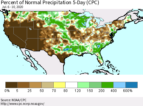 United States Percent of Normal Precipitation 5-Day (CPC) Thematic Map For 7/6/2020 - 7/10/2020