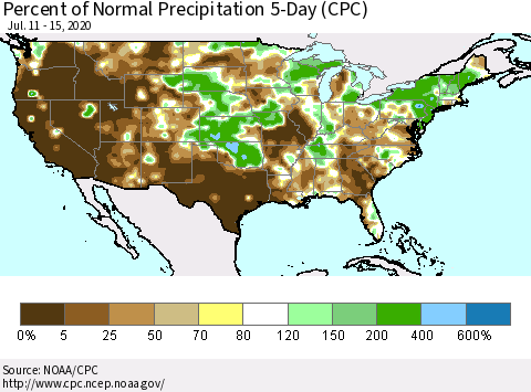 United States Percent of Normal Precipitation 5-Day (CPC) Thematic Map For 7/11/2020 - 7/15/2020