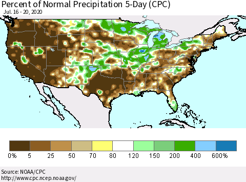 United States Percent of Normal Precipitation 5-Day (CPC) Thematic Map For 7/16/2020 - 7/20/2020