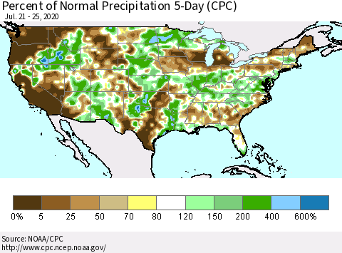 United States Percent of Normal Precipitation 5-Day (CPC) Thematic Map For 7/21/2020 - 7/25/2020