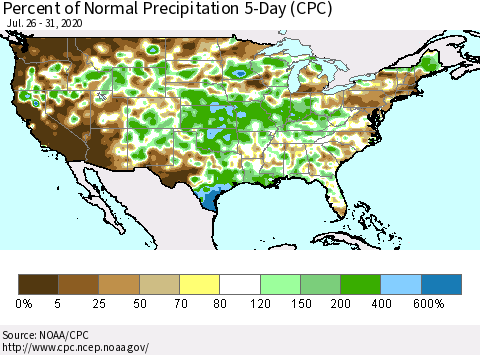 United States Percent of Normal Precipitation 5-Day (CPC) Thematic Map For 7/26/2020 - 7/31/2020