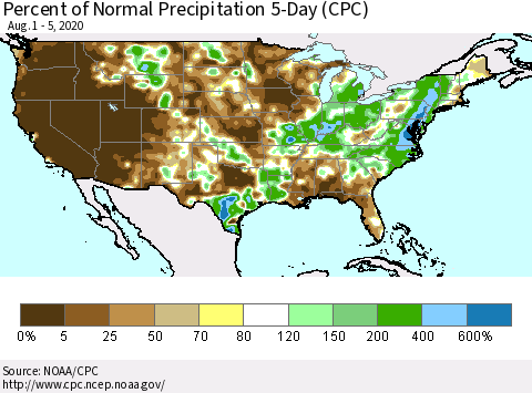 United States Percent of Normal Precipitation 5-Day (CPC) Thematic Map For 8/1/2020 - 8/5/2020