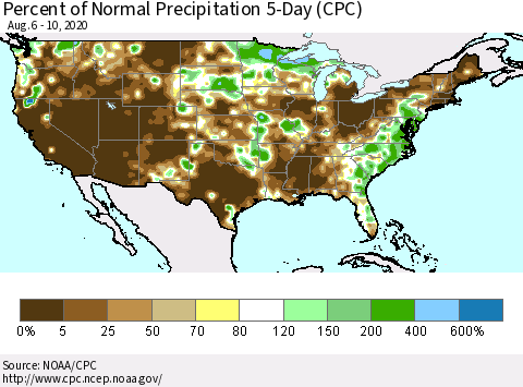United States Percent of Normal Precipitation 5-Day (CPC) Thematic Map For 8/6/2020 - 8/10/2020