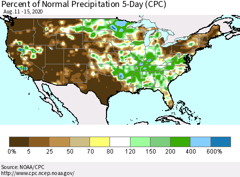 United States Percent of Normal Precipitation 5-Day (CPC) Thematic Map For 8/11/2020 - 8/15/2020
