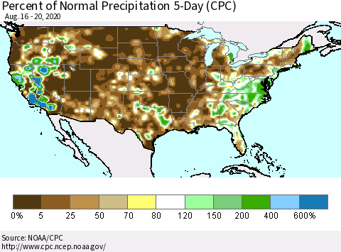 United States Percent of Normal Precipitation 5-Day (CPC) Thematic Map For 8/16/2020 - 8/20/2020