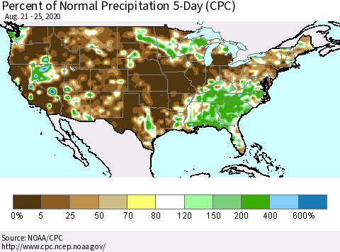United States Percent of Normal Precipitation 5-Day (CPC) Thematic Map For 8/21/2020 - 8/25/2020