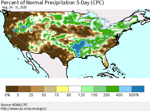 United States Percent of Normal Precipitation 5-Day (CPC) Thematic Map For 8/26/2020 - 8/31/2020