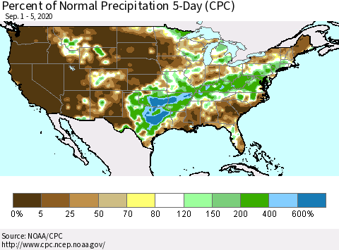 United States Percent of Normal Precipitation 5-Day (CPC) Thematic Map For 9/1/2020 - 9/5/2020