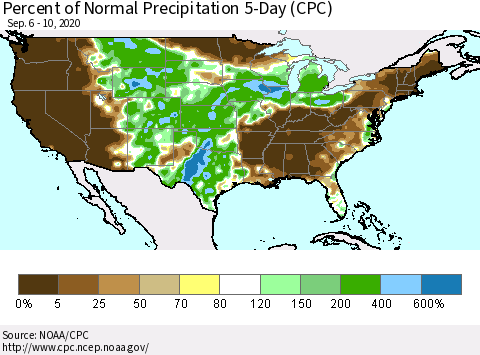 United States Percent of Normal Precipitation 5-Day (CPC) Thematic Map For 9/6/2020 - 9/10/2020