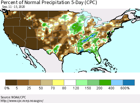 United States Percent of Normal Precipitation 5-Day (CPC) Thematic Map For 9/11/2020 - 9/15/2020