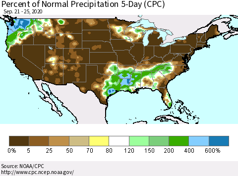 United States Percent of Normal Precipitation 5-Day (CPC) Thematic Map For 9/21/2020 - 9/25/2020