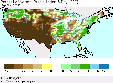 United States Percent of Normal Precipitation 5-Day (CPC) Thematic Map For 9/26/2020 - 9/30/2020