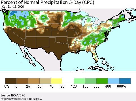 United States Percent of Normal Precipitation 5-Day (CPC) Thematic Map For 10/11/2020 - 10/15/2020
