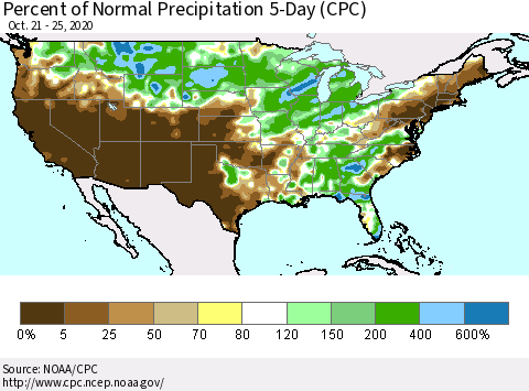 United States Percent of Normal Precipitation 5-Day (CPC) Thematic Map For 10/21/2020 - 10/25/2020