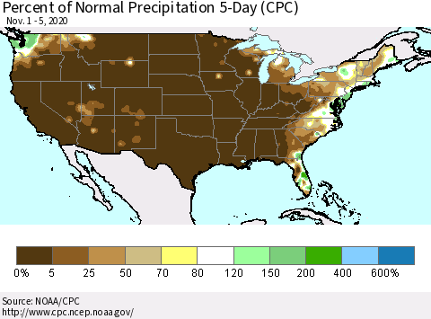 United States Percent of Normal Precipitation 5-Day (CPC) Thematic Map For 11/1/2020 - 11/5/2020