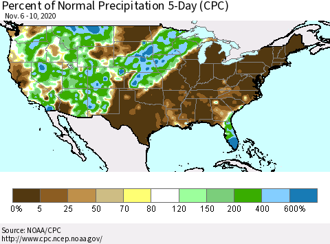 United States Percent of Normal Precipitation 5-Day (CPC) Thematic Map For 11/6/2020 - 11/10/2020