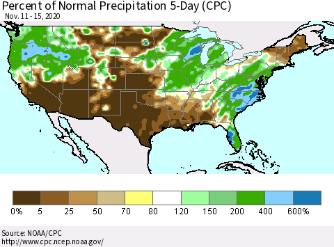 United States Percent of Normal Precipitation 5-Day (CPC) Thematic Map For 11/11/2020 - 11/15/2020