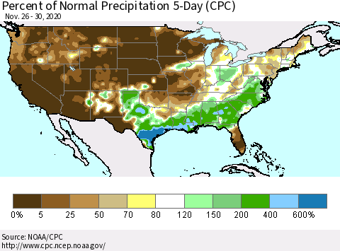 United States Percent of Normal Precipitation 5-Day (CPC) Thematic Map For 11/26/2020 - 11/30/2020