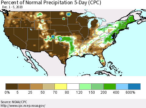 United States Percent of Normal Precipitation 5-Day (CPC) Thematic Map For 12/1/2020 - 12/5/2020