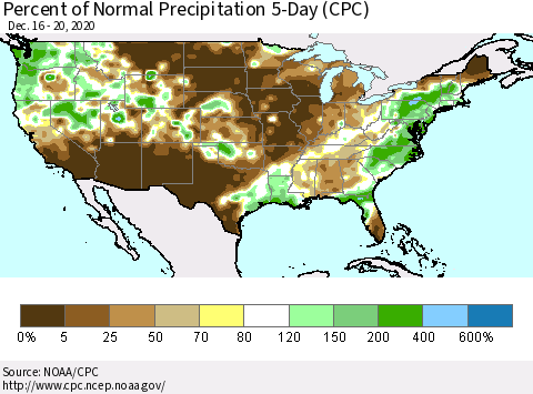 United States Percent of Normal Precipitation 5-Day (CPC) Thematic Map For 12/16/2020 - 12/20/2020