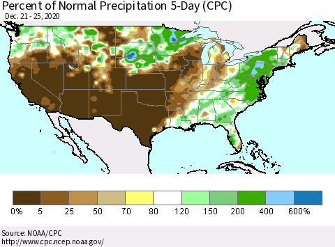 United States Percent of Normal Precipitation 5-Day (CPC) Thematic Map For 12/21/2020 - 12/25/2020